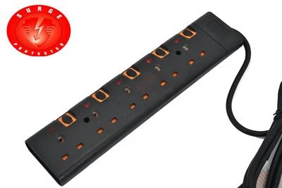 BLACK 2M 5 WAY GANG SWITCHED SURGE PROTECTED EXTENSION LEAD WITH LED INDICATORS - Image 1 of 3