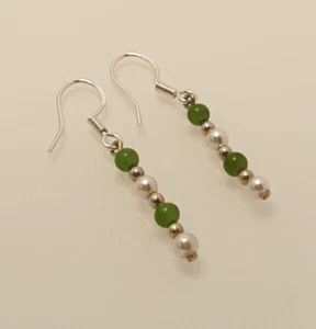 Gorgeous Sparkling Real Jade and Pearl Drop Earrings 925 Solid Silver #21816 - Picture 1 of 23