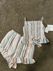 NEW BONNIE JEAN Girl's Large 14 Striped Linen Blend Pretty Short Set NWT - Picture 1 of 3