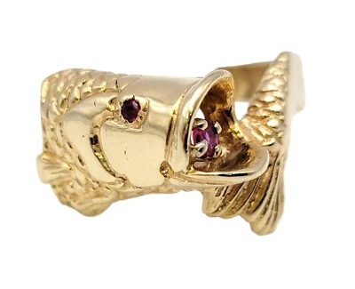 Ring Open Mouth Fish with Ruby Eye Bypass Band 14 Karat Yellow Gold Size 10.75 - Image 1 of 4