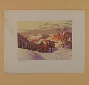 Vintage Christmas Card Front, Hauling Huge Logs, 2 Horses By A. Ionov - No Back - Picture 1 of 2