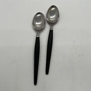 MCM Vintage Electra Stainless Flatware Black Handle 2 Spoons Japan Mid Century