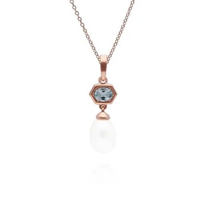 Moderno Perla Y Topacio Azul Hexágono Gota Colgante En Rosa Bañado Plata de Ley - Imagen 1 de 1