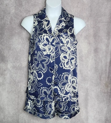 Cabernet Sleepwear Blue White Floral Pajama Set Womens Small Sleeveless Shorts - Image 1 of 4