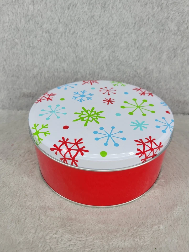 Contenedor redondo de lata de caramelo de galletas navideñas escamas rojas 6" X 2,5" Foto 1 de 4