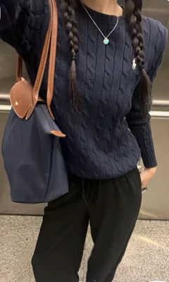  Suéter para mujer pequeño/polo Ralph Lauren tejido con cable algodón cuello redondo AZUL MARINO Foto 1 de 4