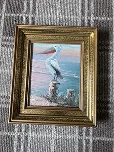 FOGLIO LEGNO ORO INCORNICIATO PELLICANO OLIO VINTAGE 10x12  - Foto 1 di 5