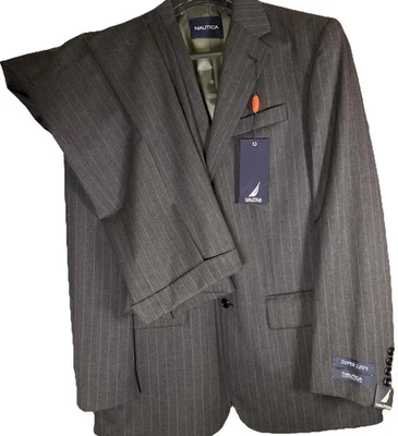 Nautica Mens Suit Wool Gray Pinstipe Pleated 2pc Suit 42L Jacket 36X32 Pant - Image 1 of 4