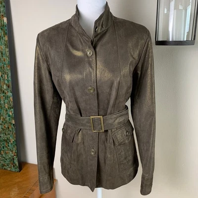 Chaqueta Vintage Alfani Talla L Cuero Cinturón Marrón Con Acabado Dorado Metálico Otoño Foto 1 de 4