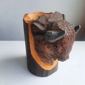 Taza de búfalo de madera tallada 6" rústica tallada bisonte soporte para lápiz decoración - Imagen 1 de 9