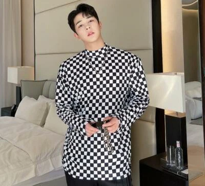 Men's Spring Fashion Turtle Neck Long Sleeve Loose Plaid T-shirt Youth Pullover - Image 1 of 4