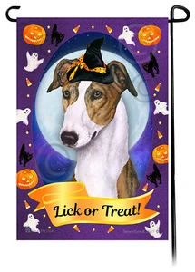 Halloween Garden Flag - Red Brindle and White Greyhound - Picture 1 of 1