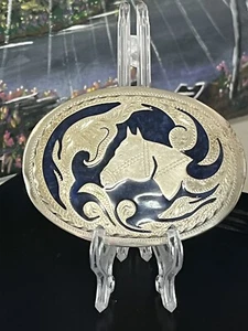 Vintage Western Horse Head Wil-Aren Originals Etched Blue Enamel 4x3.7” - Picture 1 of 6