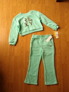 ROXY Girls Set 4T Crop Sweatshirt Sweatpants Pants Set 2 Pcs Turquoise NEW - Picture 1 of 6