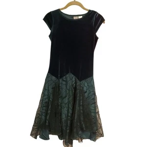 Vintage 90s Forest Green Crushed Velvet Floral A Line Midi Dress - Picture 1 of 11