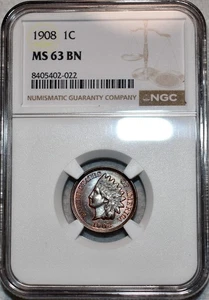 NGC MS-63 BN 1908 Indian Head Cent, Attractively Toned specimen. - Picture 1 of 2