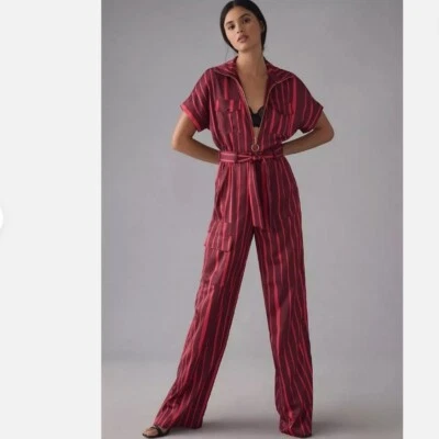 Hutch Anthropologie Maroon & Pink Striped Utility Cargo Satin Jumpsuit Size S - Image 1 of 4