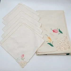 Mantel blanco roto crudo apliques de tulipán de encaje Battenburg 6 servilletas - Imagen 1 de 13