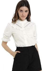 Allegra K Women's Shirt Stand Collar Button Down Short Sleeve Ruffle Neck Top - Picture 1 of 7