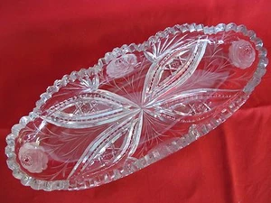 RARE LEAD CRYSTAL AMERICAN BRILLIANT SAW TOOTH ROSE DESIGN 10 3/4" CELERY DISH - Picture 1 of 8
