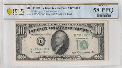 $10 1950B FRN 2012-D DB Block Certified PCGS Banknote AU 58 PPQ Cleveland - Image 1 of 2
