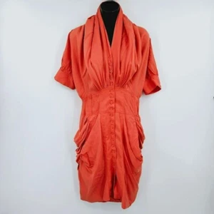 Vestido TOV Acanalado Botón Delantero S Naranja Mantón Cuello Aborotado Bolsillos Traseros Algodón Nuevo - Imagen 1 de 13