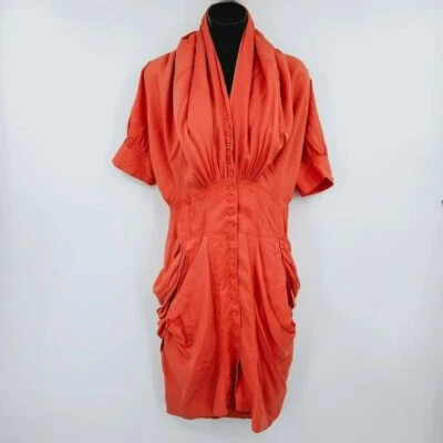 TOV Ruched Button Front Dress S Orange Shawl Neck Bustle Back Pockets Cotton New Foto 1 de 4