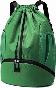 Sports Drawstring Backpack - String Swim Gym Bag with Shoes Compartment and Wet - Picture 1 of 12