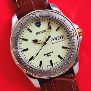 Seiko Glow In The Dark Dial Watch Rare Day Date Brown Leather 7N23-8B20 Mens - Picture 1 of 8