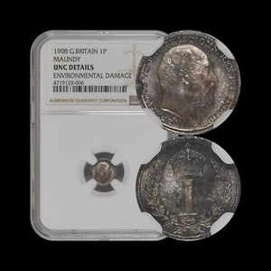 GREAT BRITAIN. 1908, 1 Penny, Silver - NGC UNC - KEVII, Maundy, 🌈 Toned, RARE - Picture 1 of 9