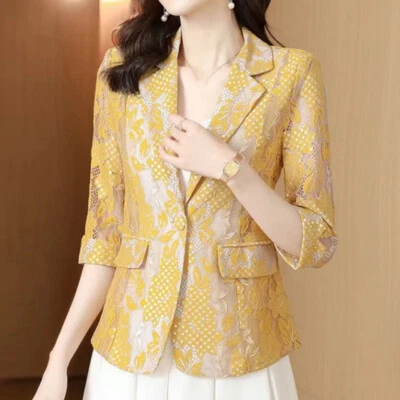 Lady Lace Blazer Jacket Suit Coat Hollow Out 3/4 Sleeve Office Workwear Slim - Image 1 of 4