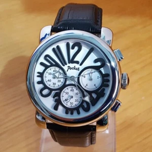 Herren schwarz Leder Retro Pop-Art Rund Chrono Grande weiß Taschenuhr PK3026 - Bild 1 von 11