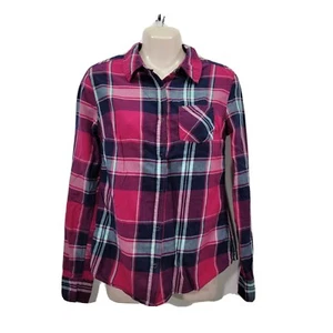 Arizona Jeans Co. Women's Small Pink Plaid Flannel Shirt Button-up Long Sleeve - Picture 1 of 5