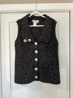 NORM THOMPSON 女式复古披肩领纽扣针织衫背心 - 黑色白色 XL — 第 1/4 张图片