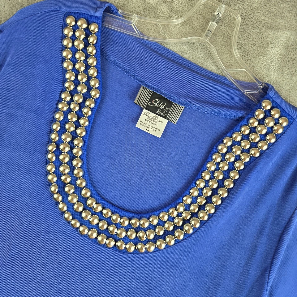 Vintage Slinky Brand Top Womens 1X Blue 3/4 Sleeve Studded Scoop Neck Made USA - Image 1 of 4