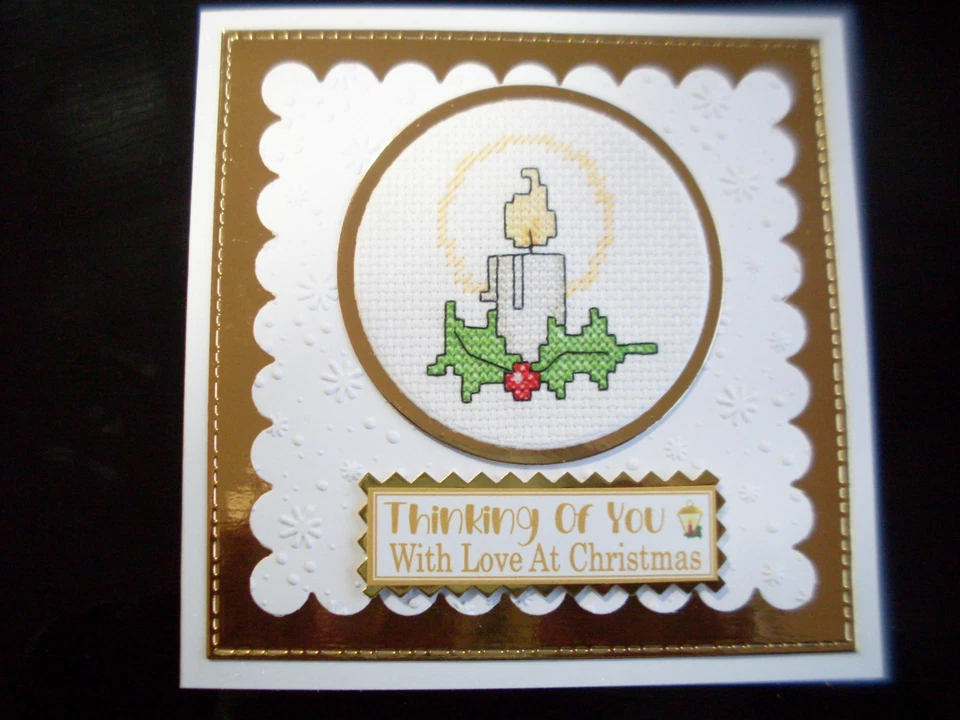 HAND MADE COMPLETED  CROSS STITCH CARDS  CHRISTMAS CANDLE - Image 1 of 1