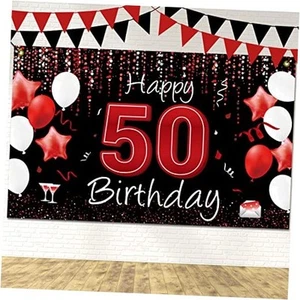 Happy 50th Birthday Yard Banner, Black and Red 50th Birthday Banner Black/Red - Picture 1 of 7