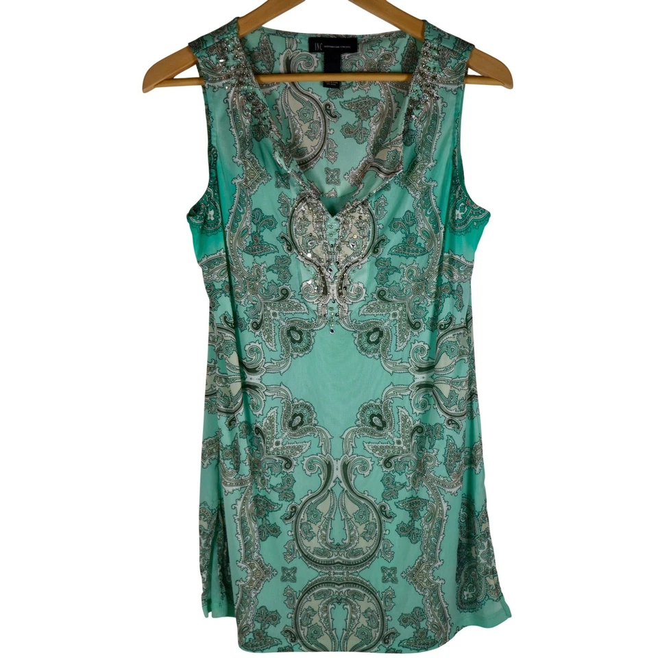 Top INC International Concepts Paisley Adornado Sin Mangas Talla L BOHO Retro Foto 1 de 4