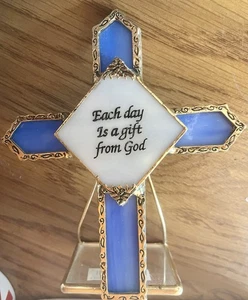 Vintage Ganz Buntglas Kreuz Windlicht Halter Jeder Tag ist ein Geschenk Gottes - Bild 1 von 4