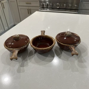 Vintage Hull Oven Proof Brown Drip Glaze Handled Soup Crock Bowls Set of 3 USA - Picture 1 of 17