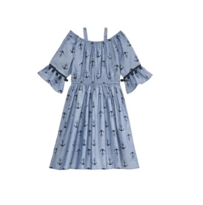 VESTIDO CON VOLANTES Y HOMBROS DESCUBIERTOS ESTAMPADO ANCLA BUEN LAD 2T NIÑAS PEQUEÑAS, AZUL Foto 1 de 3