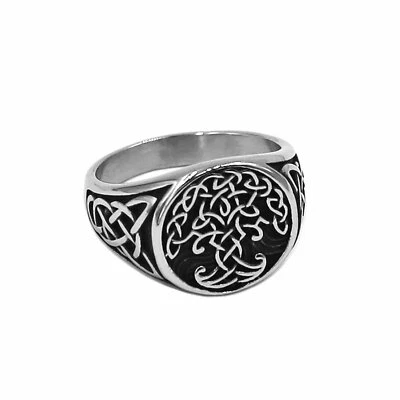 Celtic Tree of Life Signet Ring Mens Womens Stainless Steel Yggdrasil Band - Image 1 of 4