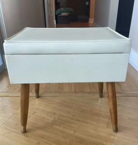 Vtg Mid Century MCM Sewing Stool Ottoman Storage Box Beige Vinyl Wooden Legs - Picture 1 of 12