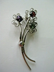 Sterling Silver & Gemstones Flower Spray Brooch Ruby Amethyst Peridot Signed - Picture 1 of 8