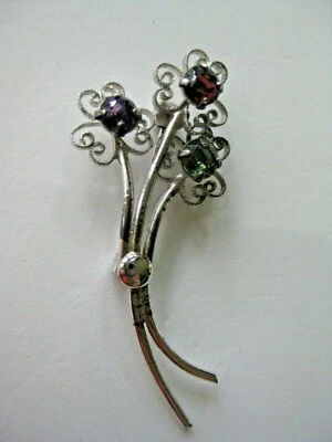 Sterling Silver & Gemstones Flower Spray Brooch Ruby Amethyst Peridot Signed - Image 1 of 4