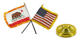 USA American & California à la fois drapeau frange en or 4"x6" ensemble de bureau table base en or