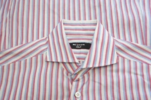 Kiton Black White Pink Blue Striped 100% Cotton Spread Collar Dress Shirt Sz 15 - Picture 1 of 10