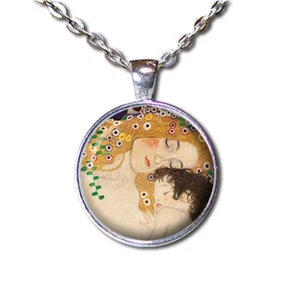 Klimts Meisterwerk Mutter und Kind - Handarbeit RUNDER Glas Anhänger Halskette - Bild 1 von 10