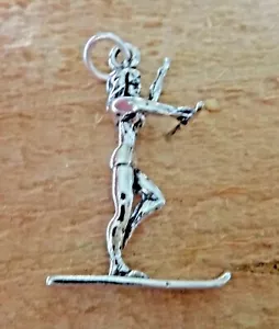 Sterling Silber 3D 27x18mm Weiblich Mädchen Wasserski Skifahrer Charm - Bild 1 von 6
