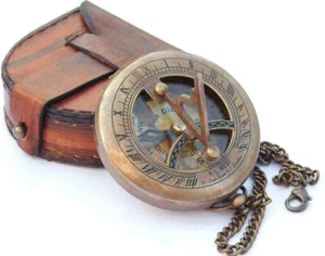 Vintage Maritime Pocket Sundial Nautical Brass Compass With Antique Leather Case - Picture 1 of 4